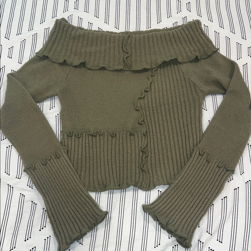 UO Off-Shoulder Ruffle Trim Knit Olivr Sweater